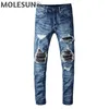 Mäns Jeans Brand Crystal Blue Painted Fashion Slim Skinny Holes Patchwork Stretch Denim Byxor För Man Stor Storlek 40