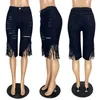 Calças femininas Capris 2021 Moda Oco para fora Jeans rasgados para mulheres cintura alta borlas patchwork joelho comprimento calça streetwear praia denim t