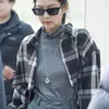Kort svart grå kontroll plaid skjorta korea kläder retro kvinna lapel långärmad beskuren blus toppar y2k blousas 210715