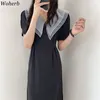 Korean Summer Women Black Dress Vintage Short Sleeve Slim Mesh Turn Down Collar Office Ladies Dresses Elegant Vestidos 210519