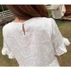 Moda mujer elegante cuello redondo blanco verano vestido bata mujer Vinatge encaje ahueca hacia fuera bordado algodón suelto Vestidos 210520