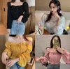 네 플로 짧은 쉬폰 셔츠 슬래시 넥 섹시한 strapless 블라우스 가을 긴 소매 여자 Blusa 크로스 레이스 위로 스트레치 탑 54061 SH190914