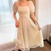 Frauen Frühling Sommer Vintage A-line Kleid Weibliche Quadrat Kragen Kurzarm Pelated Kleider Dame Casual Solide Vestidos 210515