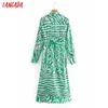 Tangada Mode Frauen grün gestreiftes Hemd Kleid Ankunft Langarm Damen Slash Midi Kleid Vestidos XN34 210609