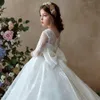 Miniature Wedding Dresses 3 Quarter Sleeves Big Bow Back Long First Communion Dress for Little Girls Handmade Flowers