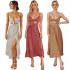 Kvinnor Sommar Vintage Party Dress Lady Dot Skriv ut Spaghetti Strap V Neck Bandage Backless Side Split Midi Vestidos 210522