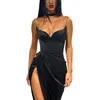 Solid Color Pleated Low Cut Maxi Dress Long Party Night Club Bar Formal Dress Women Sexy Sleeveless Spaghetti Strap Split Dress Y1006