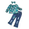 bambini Completi di abbigliamento ragazze Abiti floreali Bambini Stampa floreale Top + Pantaloni in denim con foro + Fascia per capelli 3 pezzi / set Primavera Autunno moda vestiti per bambini