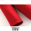 TRAF Kobiety Vintage Stylowe Office Wear Red Blazer Płaszcz Moda Długie Rękaw Kieszenie Kobiet Odzież Odzszenice Chic Topy 210930