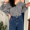 Yitimuceng plaid blouse vrouwen blote schouder sexy camis shirts rechte v-hals zomer Koreaanse mode kantoor dame tops 210601