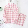 Fresh plaid 100% gauze cotton lovers pajama set and men Autumn long sleeve Japanese casual sleepwear pyjamas 210831