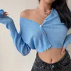 Womengaga Amerikaanse korte navel open-oor split hoorn flare mouw dunne micro-transparante knitwear cardigan top trui x698 210603