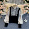 Woherb Vintage Lace Crochet Floral Blusa Mulheres Doces Ruffles Beading Single Breasted Shirts Lantern Manga Veludo Blusas Tops 210317