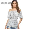 Jogoo Jolee Off Blusa de Ombro Meia Manga Slash Decote Womens Peplum Tops e Blusas Elastic Cintura Cintura de Algodão Imprimir plissado 210619