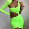 Ezgaga Neon One Shoulder Mini Bodycon Dress Fashion Solid Long Sleeve Hollow Out Backless Dresses Club Sexy Party Vestidos 210430