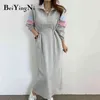 Beiyingni, vestido de sudadera de gran tamaño para mujer, informal, cálido, grueso, coreano, con cordón, cremallera, de talla grande, sudaderas con capucha, vestidos, Color Hit Y1204