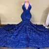 Real African Mermaid Prom Dresses With Appliqes Sequins Halter V Neck Sexy Backless Plus Size Formal Special Occasion Skirt Elegant Royal Blue Evening Gowns