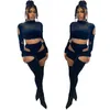 Haoyuan Sexy Hollow twee Stuk Set Lange Mouw Crop Top Bodycon Fitness Broek Dames Joggers Kleding Matching Sets Club Outfits Y0625