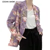 Outono Chic Shawl Collar Roxo Flor Da Margarida Impressão Blazer Vintage BF Estilo Mid Long Mulheres Terno Casaco Solto Femme 210429