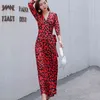 Kadın Seksi Kırmızı Maxi Elbiseler Uzun Kollu Bodycon V Boyun Bölünmüş Yaz Ince Zarif Parti Elbise Kulübü Beachwear Vestidos Robe Longue 210520