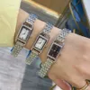 Marke Uhren Frauen Mädchen Rechteck Zifferblatt Stil Stahl Matel Band Armbanduhr HE07