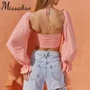 Missakso Women Long Lantern Sleeve Halter Crop Top Party Club Spring Summer Black Pink Ladies Sexy Skinny Backless T Shirts 210625