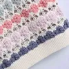 Mulher Crochet Hollow Knit Colete Top Doce Sweet Round Neck Sem Mangas Listrado Arco-íris Cor De Tricô Coletes 210521