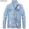 Svart Ripped Distressed Denim Jacket Män Casual Slim Fit Mens Jean Jackor Tvättad Bomull Västra TRUCKER JACKET 3XL 210522