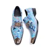 أزياء الأزرق طباعة الرجال الأحذية الجلدية الحقيقية الديكور المعادن الأعمال الرسمي الأحذية الذكور حزب اللباس أحذية الأحذية