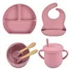 6 st/set baby silikon matplatta med sucker skål sippy cup haklappar sked gaffel bpa gratis barn matar bordsartiklar baby rätter