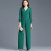 Macacão macacão para mulheres partido outono verde cintura alta v-pescoço chiffon high street elegante perna larga terno plus tamanho 3xl 4xl 210625