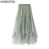 OHRYIYIE Femmes Irrégulières Longues Jupes En Tulle Dames Taille Haute Longueur Cheville Tutu Maxi Beige Vert Femelle Faldas Jupe Femme 210619