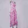 Colyso Verão Chiffon Dress Print Backless Laço Laço Lindo Stretch Stretch Split Rosa Mulher Sexy Casual Vestidos 210527