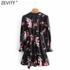 Zeefity Dames Vintage Cross V-hals Afdrukken Lace Up Kimono Mini Jurk Vrouwelijke Zoom Onregelmatige Ruches Casual Slanke Vestido DS4852 210603