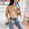 WOTWOY Solid Casual Basic T-shirt Women Summer Short Sleeve Knitted Cotton Tee Shirt Black White Korean Top Femme 210623