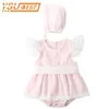 Baby tjejer kläder söt rosa spets romper sommar spädbarn barn flygande ärm märke jumpsuits + lock prinsessa outfits 210429