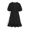 V Neck Black Mini Sukienka Kobiety Wysoka Talia Slim Lace-Up Puff Krótki Rękaw Elegancki Crop Frocks E-Girl Eesthetic Sexy Vestidos Lady 210515