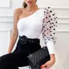 Summer Women Sexy Mesh Tshirt Spring Pullover Top Tees One Shoulder Black Polka Dot Top Tees T-shirt 210722