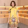 M-XXL Geel Zwart Losse Mode Moderne Trend Cheongsam Jurk Voor Vrouwen Korte Mouw Qipao Traditionele Chinese Kleding Etnische Kleding