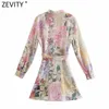 Zevity Women Elegant Pink Flower Print Breasted Shirtdress Female Long Sleeve Bow Sashes Vestido Chic A Line Mini Dresses DS8173 210320