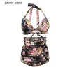 Beach Set Sexy Bow Bandage Halter Collar High waist Floral print Swim Bikini Women Bathing Suit Swimwear Retro Swimsuit 3 colors 210429