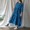 Johnature Women Cotton Dress Print Blommor Bandage Robes O-Neck Sommar Vintage Högkvalitativa Kvinnor Klädsel 210521