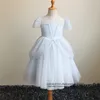 2021 Pretty Princess Beading Flower Girl Dresses Tulle Short Sleeve Girls Pageant Gown Communion For Wedding Formal Party F02