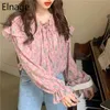 Spring Korean Fashion Tops Plissé Champignon Élégant Floral Chemises En Mousseline De Soie Blouse À Manches Longues Femme Rose Vêtements Mignons 5A422 210429