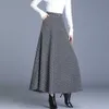 Vintage Plaid Woolen Spódnice Kobiety Zima Wysoka Talia Ciepła A-Line Plised Spódnica Moda Biuro Elegancka Maxi Spódnica Femme Saia Longa 211119