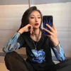 Dragon Print Y2K T-Shirts Patched Mesh Long Sleeve Fashion Women Harajuku Summer Crop Top Tops For Girls Black Tees Shirt 210510