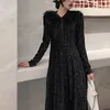 PERHAPS U Black Empire Bow Collar Long Sleeve Tassel Feather Stamping A-line Midi Evening Paty Drees Autumn Winter D0885 210529