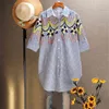 Frühlingsmode Damenhemden Kurzarm Pluz Größe Wilde Baumwolle Damenblusen und Tops gestreift bestickt 210615