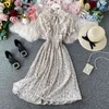Vintage Ruffles Floral Chiffon Print Dress Summer Bow Party Midi Long Women High Waist Pleated Beach Elegant es 210430