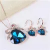 Boucles d'oreilles collier de luxe élégant bleu cristal coeur pendentif ensembles de bijoux de mariée couleur or alliage strass boucle d'oreille pour les femmes